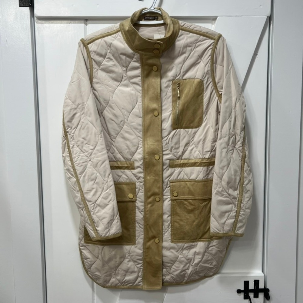 J Mclaughlin Linda Coat XS NWT $348 Quilted Tan Snap Button Color Block Jacket